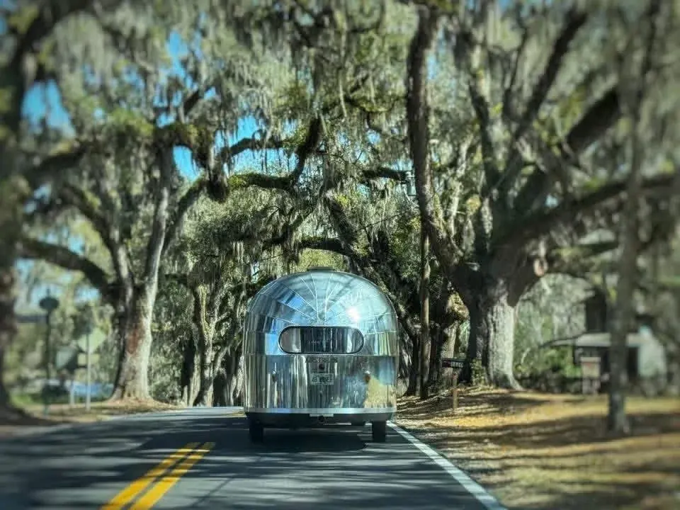 An Airstream driving down a road lined with live oaks